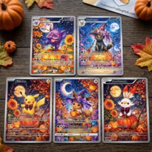 Halloween card gifts, Halloween TCG cards, Halloween holographic cards, Halloween gifts for kids, holographic TCG game cards, collectible card set, 5 piece card set, Halloween party favors, trading card gifts, shiny collectible cards, Halloween collectibles, kids Halloween gifts, TCG card collection