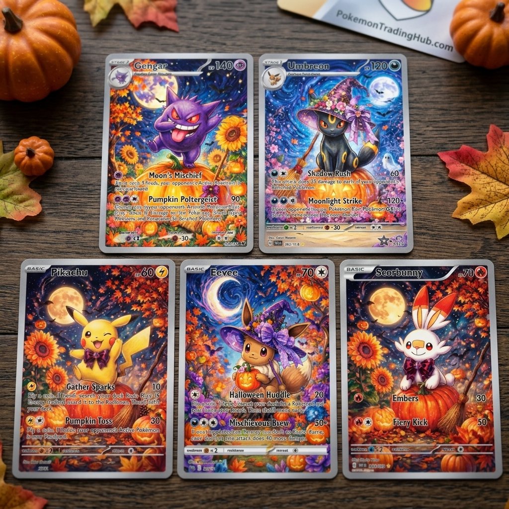Halloween card gifts, Halloween TCG cards, Halloween holographic cards, Halloween gifts for kids, holographic TCG game cards, collectible card set, 5 piece card set, Halloween party favors, trading card gifts, shiny collectible cards, Halloween collectibles, kids Halloween gifts, TCG card collection